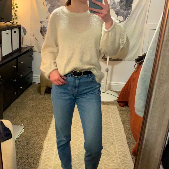 White Cream Fuzzy Puff Sleeve Sweater - Picture 2 of 3